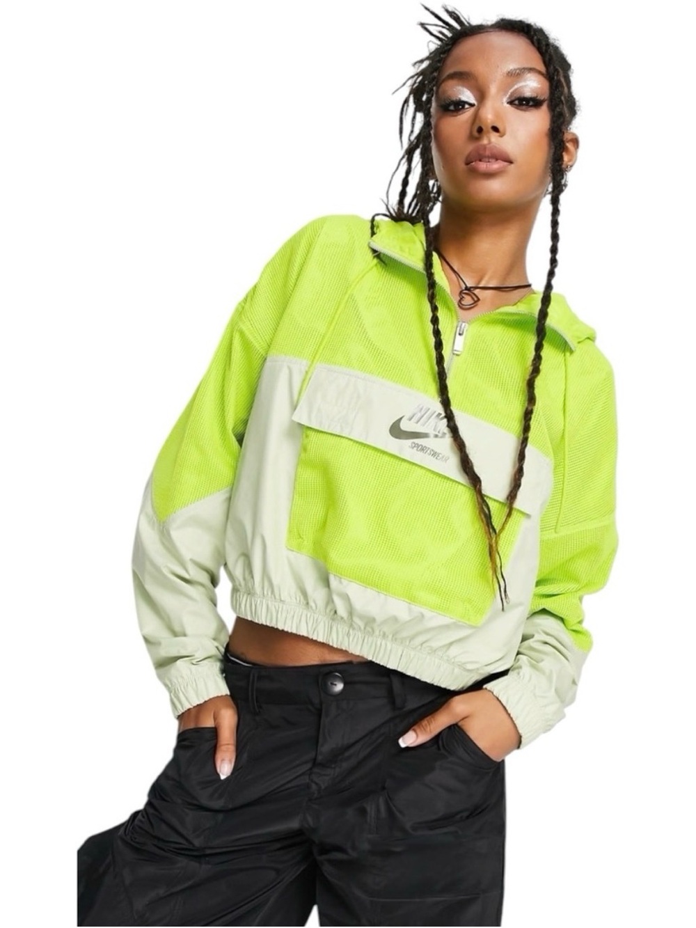 Nike Women's Neon Green and Light Cream Cropped Bomber Jacket